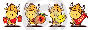Cartoon cute Ox character set holding Red Packet, Tangerine Orange, Gold Ingot and Scroll couplet. photo