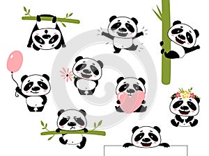 Cartoon cute panda. Baby pandas, asian bear with bamboo. Wild funny animal, diverse pose characters. Isolated kawaii kid