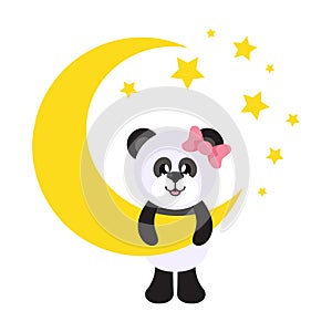 Cartoon cute panda girl with bow and moon