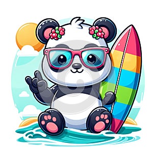 Cartoon cute panda wearing glasses with happy expression and carrying surfboard isolated white background 10