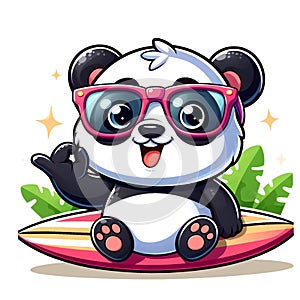 Cartoon cute panda wearing glasses with happy expression and carrying surfboard isolated white background 3