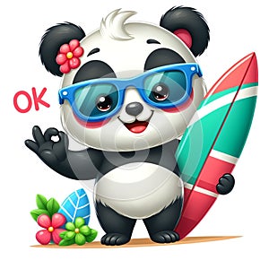 Cartoon cute panda wearing glasses with happy expression and carrying surfboard isolated white background 4