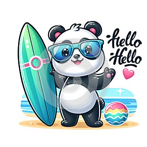 Cartoon cute panda wearing glasses with happy expression and carrying surfboard isolated white background 6