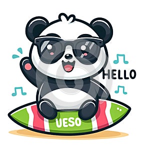 Cartoon cute panda wearing glasses with happy expression and carrying surfboard isolated white background 7