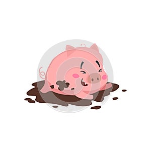 Cartoon cute pig. Little piglet laughing and playing in mud puddle. Domestic animal character. Vector illustration
