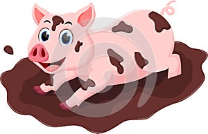 Cartoon cute pig playing mud