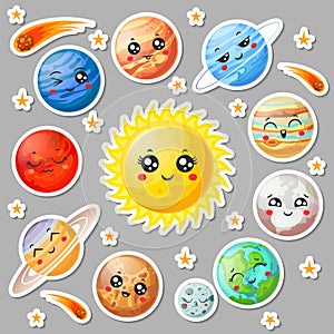 Cartoon cute planets stickers. Happy planet face, smiling earth and sun. Astronomy solar system sticker vector