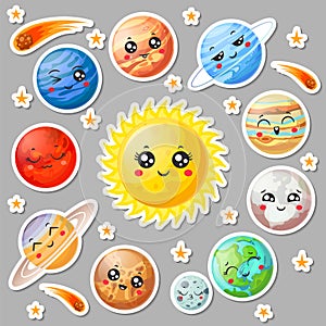 Cartoon cute planets stickers. Happy planet face, smiling earth and sun. Astronomy solar system sticker vector photo