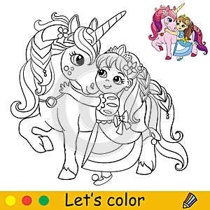 Cartoon cute princess cuddles with a unicorn coloring