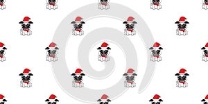 Cartoon cute pug dog with santa claus christmas hat seamless pattern background