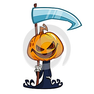 Cartoon cute pumpkin head icon. Vector pumpkin reaper with scythe isolated on white