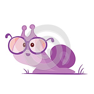 Cartoon cute purple snail with big glasses, cartoon illustration, isolated object on white background, vector