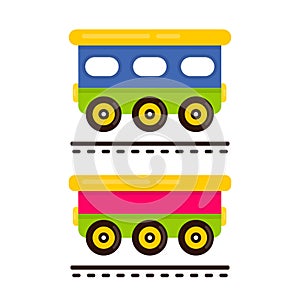 Cartoon cute railway carriage on rails vector set