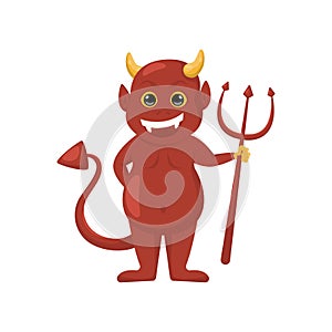 Cartoon cute red devil hell demon with pitchfork.