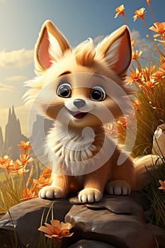 Cartoon cute red fox in nature. Illustration, AI Generative