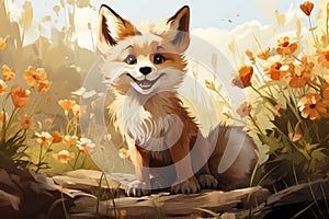 Cartoon cute red fox in nature. Illustration, AI Generative