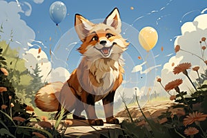 Cartoon cute red fox in nature. Illustration, AI Generative