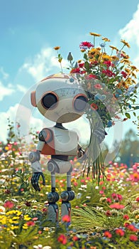 cartoon cute retro robot with a bouquet of wildflowers on a flower meadow. Electronic friend. Vertical greeting card