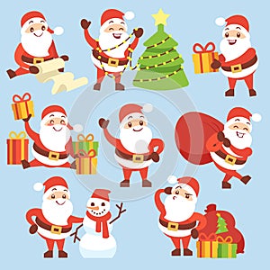Cartoon cute santa claus character vector set. Symbol of christmas holiday