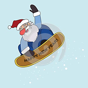 Cartoon cute Santa Claus holiday character on a snowboard