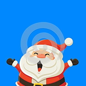 Cartoon cute Santa Claus open arm excitedly on empty space blue background