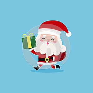 Cartoon cute Santa Clauses and gift box, Merry christmas and Happy new year on blue background Vector Illustration.