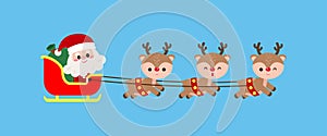 Cartoon of Cute Santa Clauses and reindeer with his Christmas sled flat style, Merry christmas and Happy new year