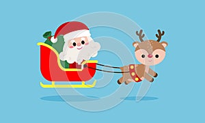 Cartoon of Cute Santa Clauses and reindeer with his Christmas sled, Merry christmas and Happy new year on blue background Vector