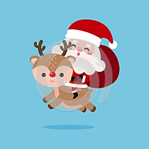 Cartoon of Cute Santa Clauses rides a reindeer flat style, Merry christmas and Happy new year on blue background HNY Vector