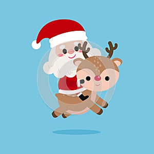 Cartoon of Cute Santa Clauses rides a reindeer, Merry christmas and Happy new year on blue background Vector Illustration.