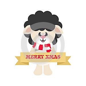 Cartoon cute sheep black with scarf and christmas sign