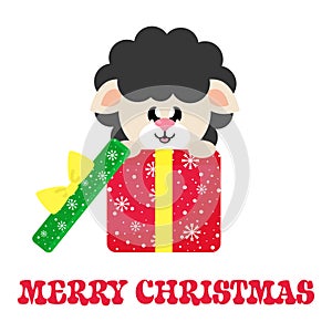 Cartoon cute sheep black sitting in christmas gift and christmas text