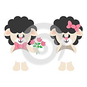 Cartoon cute sheep girl black with bow and sheep black boy with flowers