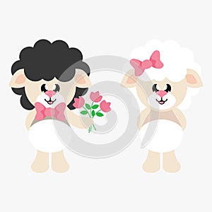 Cartoon cute sheep girl with bow and sheep black boy with flowers