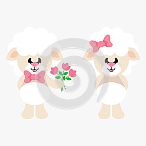 Cartoon cute sheep girl with bow and sheep boy with flowers