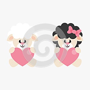 Cartoon cute sheep white boy and sheep black black sitting with heart