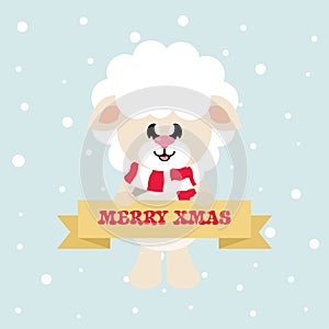 Cartoon cute sheep white with scarf and christmas sign