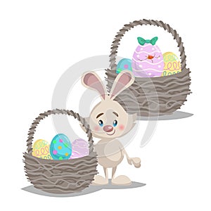 Cartoon cute smiling easter bunny with big basket and painted colorful eggs. Hatched easter egg.