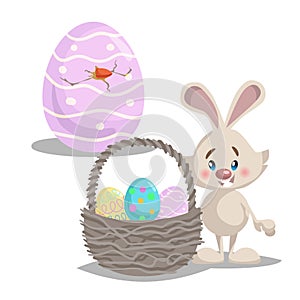 Cartoon cute smiling easter bunny with big basket and painted colorful eggs. Hatched easter egg.