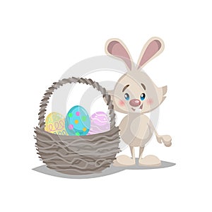 Cartoon cute smiling easter bunny with big basket and painted colorful eggs. Spring character mascot and seasonal vector illustrat