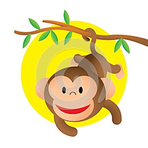 Cartoon cute smiling monkey hanging and swinging from tree branch with tail