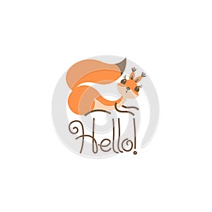 Cartoon cute squirrel greeting. Little funny hello. Vector illustration