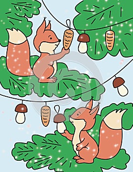 cartoon cute squirrels hang pine cones on branches