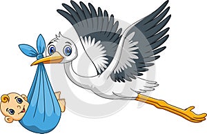 Cartoon of a cute stork carrying a newborn baby