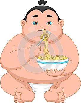 Cartoon cute sumo wrestler eating noodle