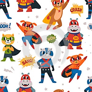 Cartoon cute superhero seamless pattern. Animal hero children fabric print, superheroes in capes background. Classy