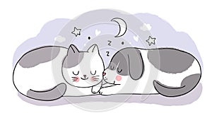 Cartoon cute sweet dream, Adorable cat and dog sleeping together vector.