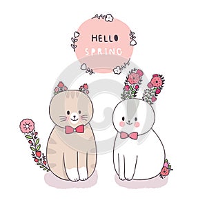 Cartoon cute spring, Cat and rabbit and fower vector. photo