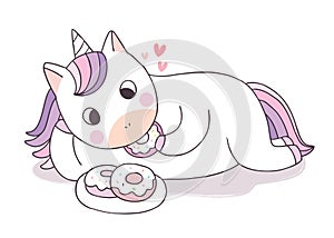 Cartoon cute Unicorn eating sweet doghnut vector. photo