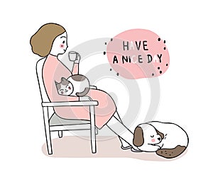 Cartoon cute woman drink coffee and cat and dog sleepy relaxtion vector.